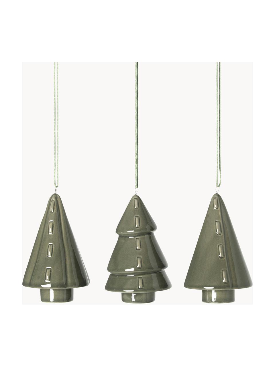 Set de adornos navideños Trees Ø 8 cm, 3 uds., Porcelana, Verde oliva, Ø 5 x Al 9 cm