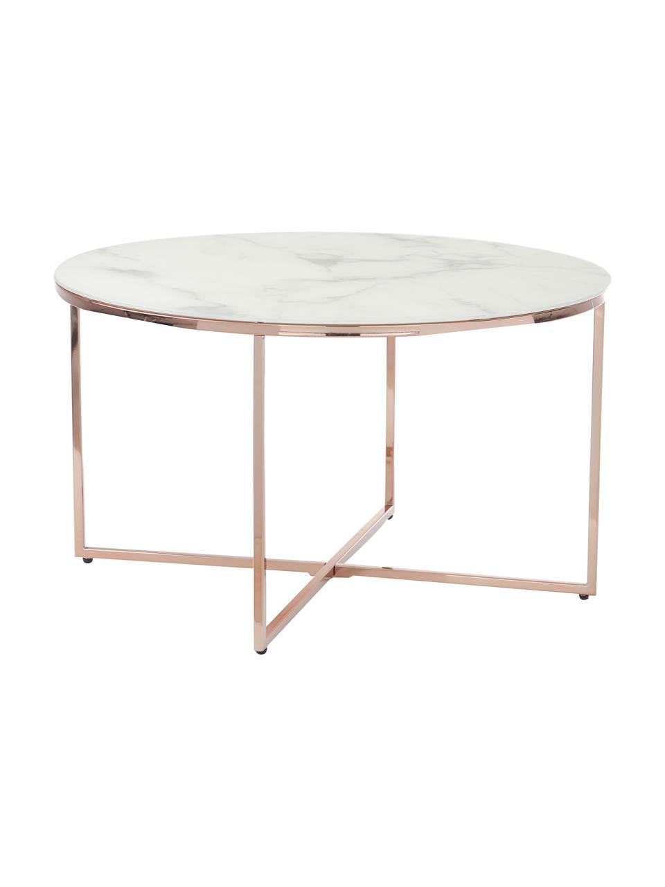 Runder Couchtisch Antigua mit Glasplatte in Marmor-Optik, Tischplatte: Glas, matt bedruckt, Gestell: Metall, vermessingt, Marmor-Optik Weiß, Messingfarben, Ø 80 cm