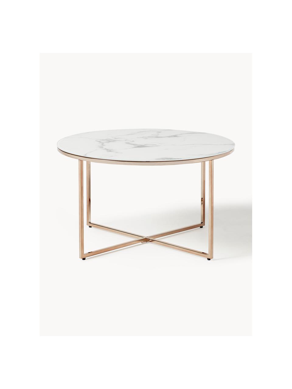 Tavolino rotondo da salotto con piano in vetro effetto marmo Antigua, Struttura: metallo ottonato, Bianco effetto marmo, ottonato, Ø 80 cm