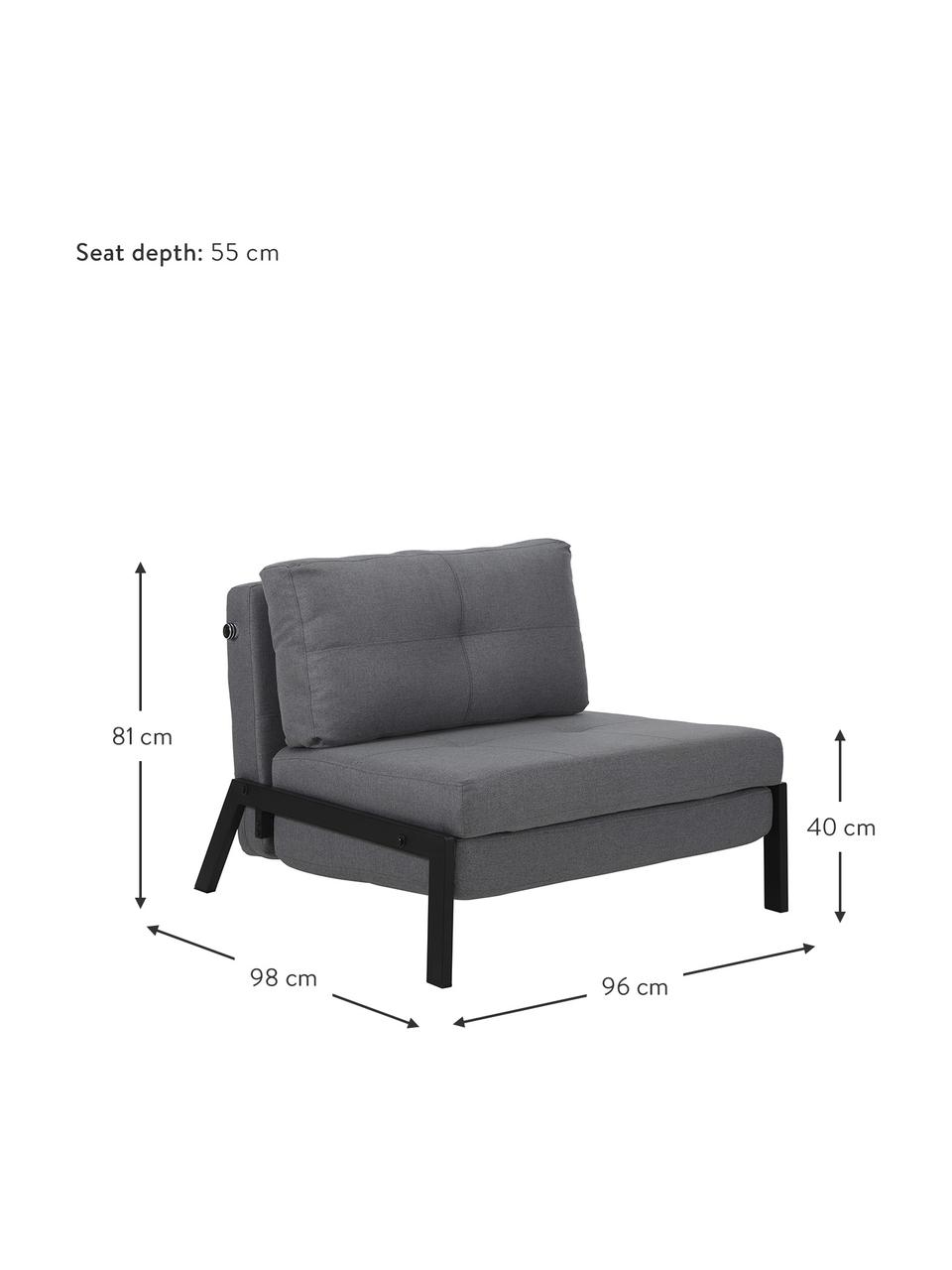 Slaapfauteuil Edward in donkergrijs met metalen poten, uitklapbaar, Bekleding: 100% polyester, Bekleding: donkergrijs Poten: mat zwart, B 96 x D 98 cm