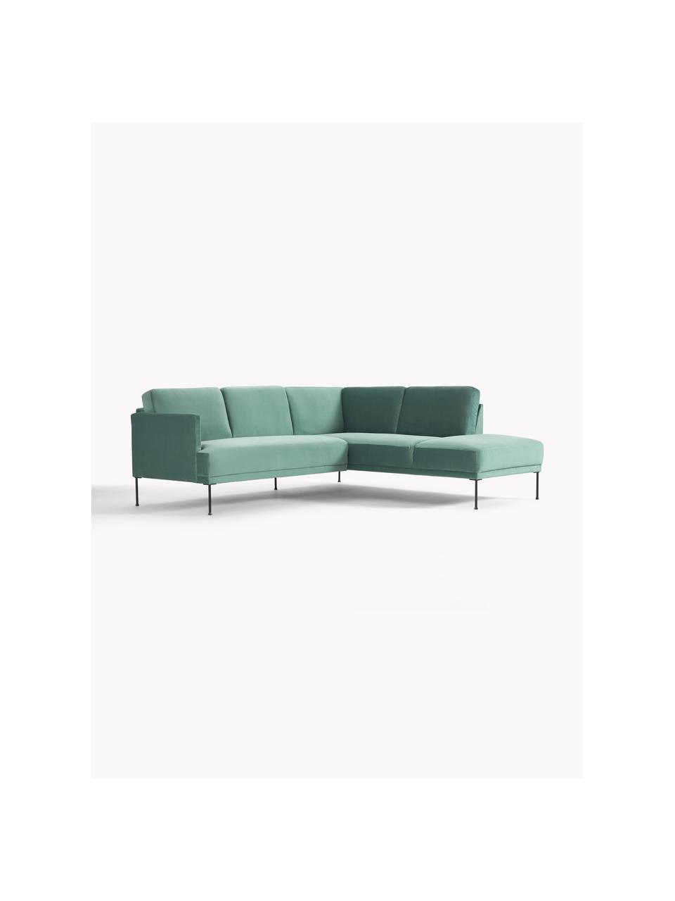 Samt-Ecksofa Fluente, Bezug: Samt (Hochwertiger Polyes, Gestell: Massives Kiefernholz, Füße: Metall, pulverbeschichtet, Samt Petrol, B 221 x T 200 cm, Eckteil links