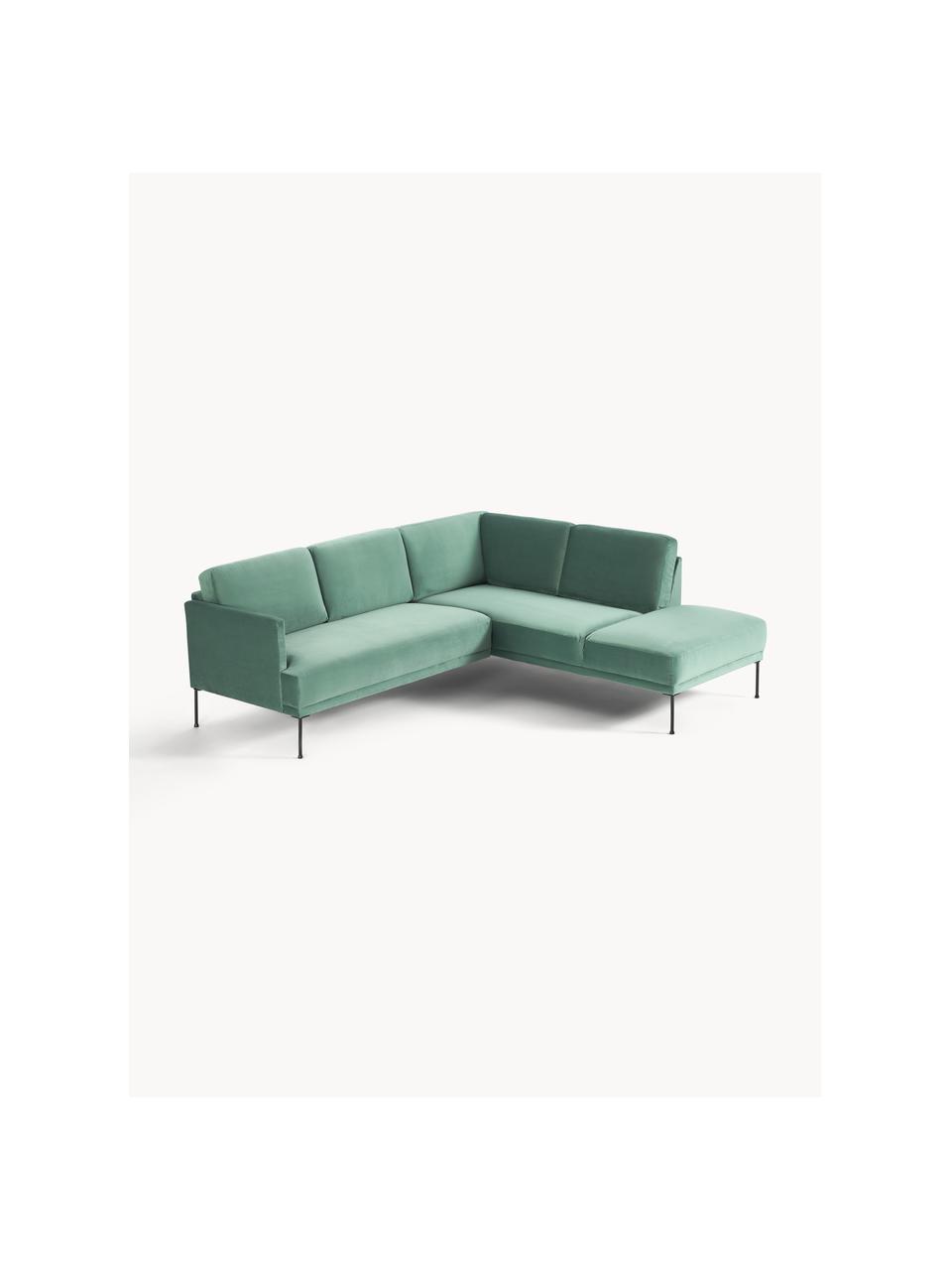 Sofa narożna z aksamitu Fluente, Tapicerka: aksamit (wysokiej jakości, Stelaż: lite drewno sosnowe, Nogi: metal malowany proszkowo , Petrol aksamit, S 221 x G 200 cm, prawostronna