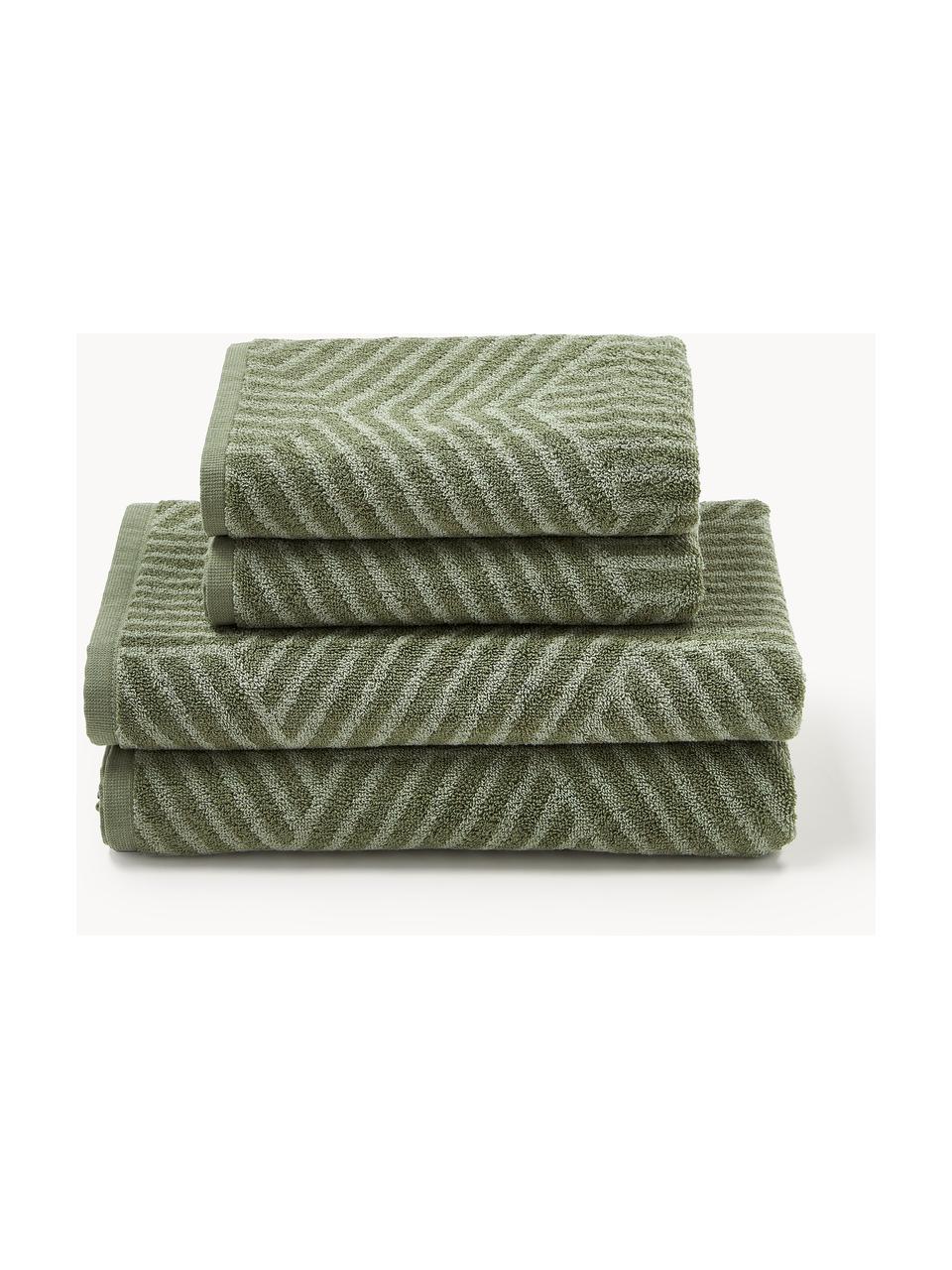 Set de toallas lavabos Fatu, tamaños diferentes, Tonos de verde oliva, Set de 3 (toalla tocador, toalla lavabo y toalla ducha)