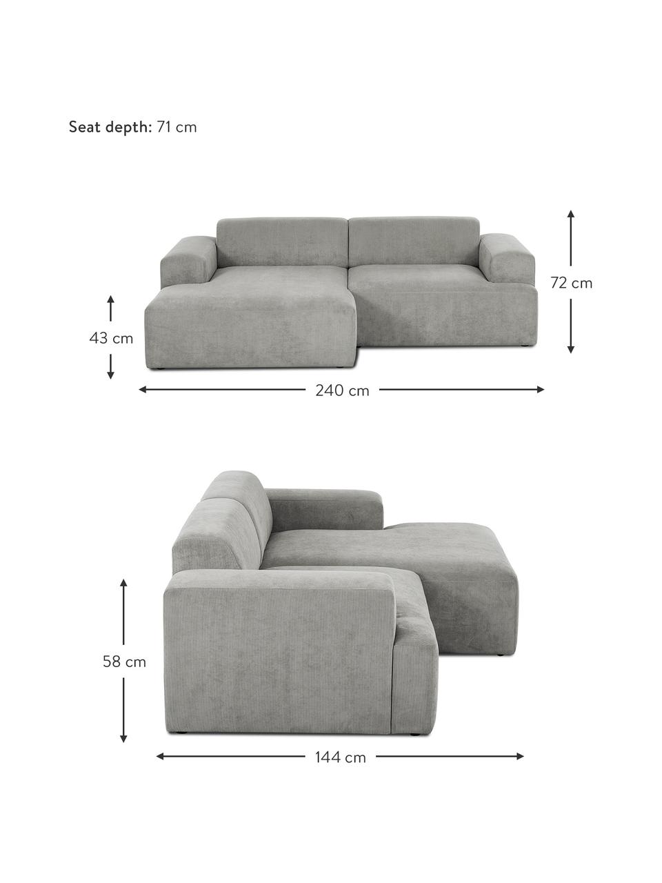 Cord-Ecksofa Melva (3-Sitzer) in Grau, Bezug: Cord (92% Polyester, 8% P, Gestell: Massives Kiefernholz, Spa, Füße: Kiefernholz Die Füße befi, Cord Grau, B 240 x T 144 cm