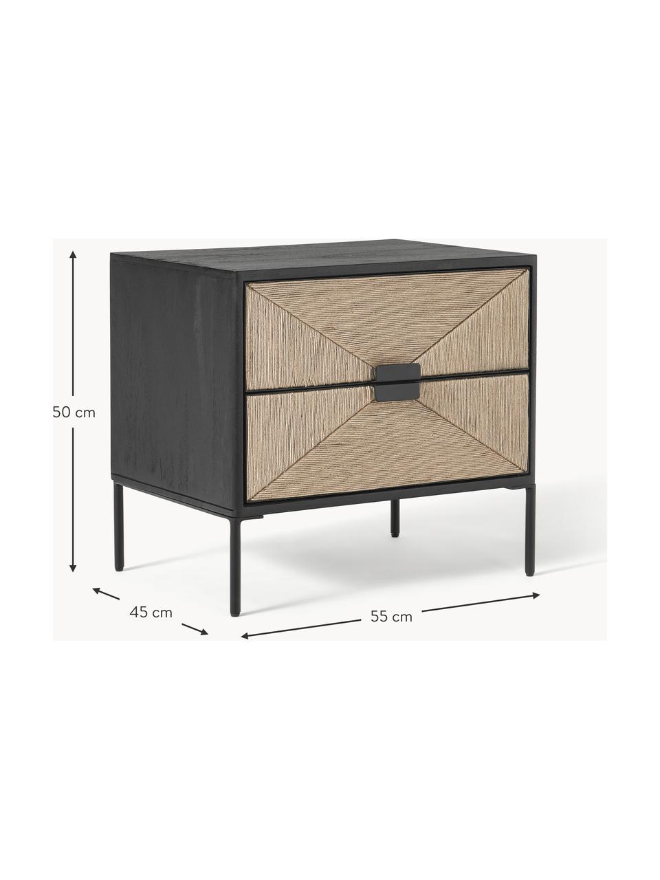 Mesilla de noche con cajones de madera de mango maciza June, Estructura: madera maciza de mango ba, Patas: metal con pintura en polv, Negro, madera de mango, An 55 x Al 50 cm