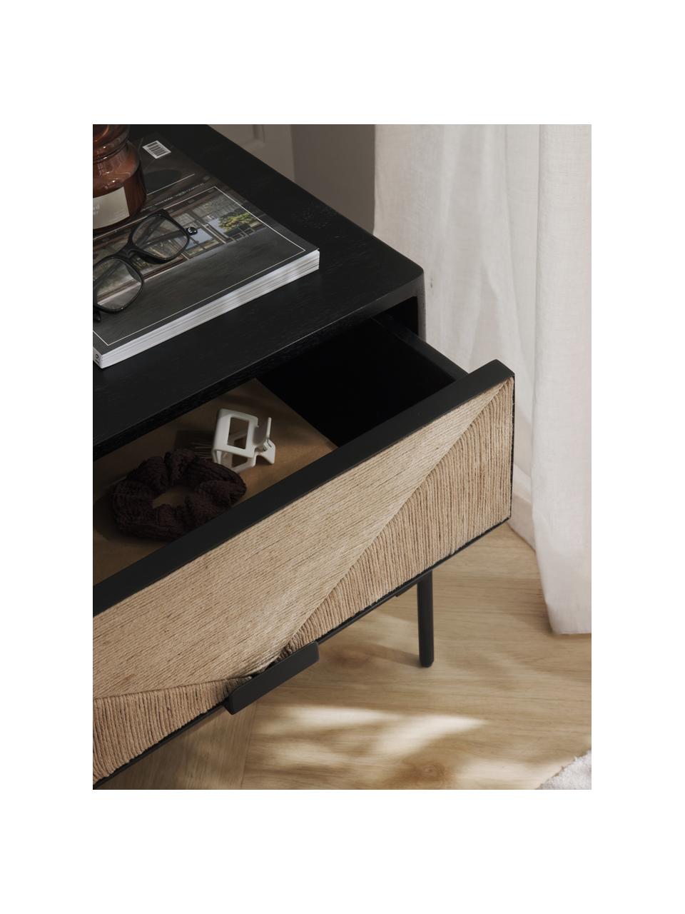 Szafka nocna z litego drewna mangowego June, Korpus: lite drewno mangowe lakie, Nogi: metal malowany proszkowo, Czarny, drewno mangowe, S 55 x W 50 cm