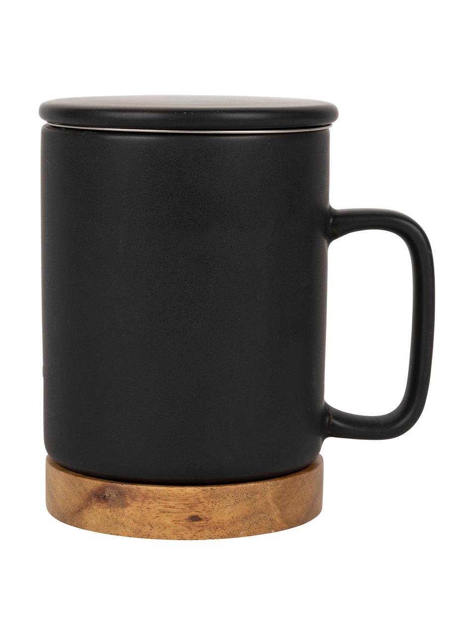 Tasse avec couvercle et passoire Nordika, base en bois d'acacia, Noir, bois d'acacia, Ø 9 x haut. 12 cm, 370 ml
