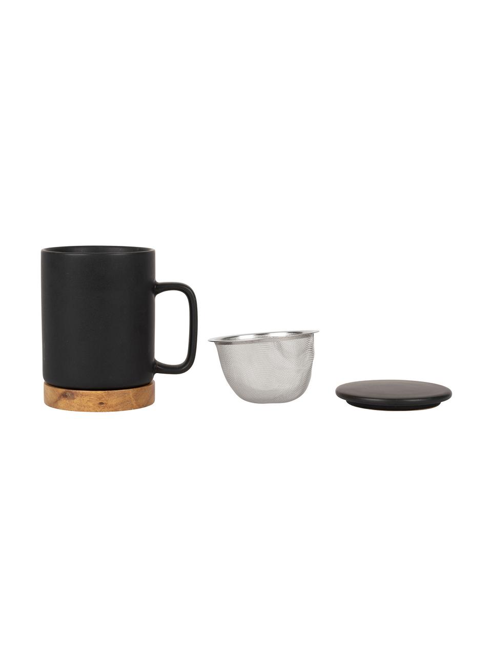Tasse avec couvercle et passoire Nordika, base en bois d'acacia, Noir, bois d'acacia, Ø 9 x haut. 12 cm, 370 ml