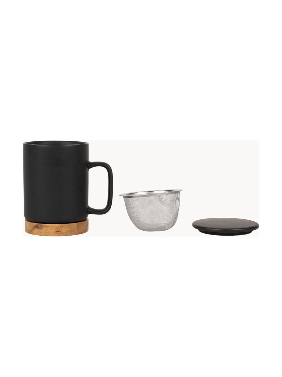 Taza con tapadera y colador Nordika, Negro mate, madera oscura, Ø 9 x Al 12 cm, 370 ml