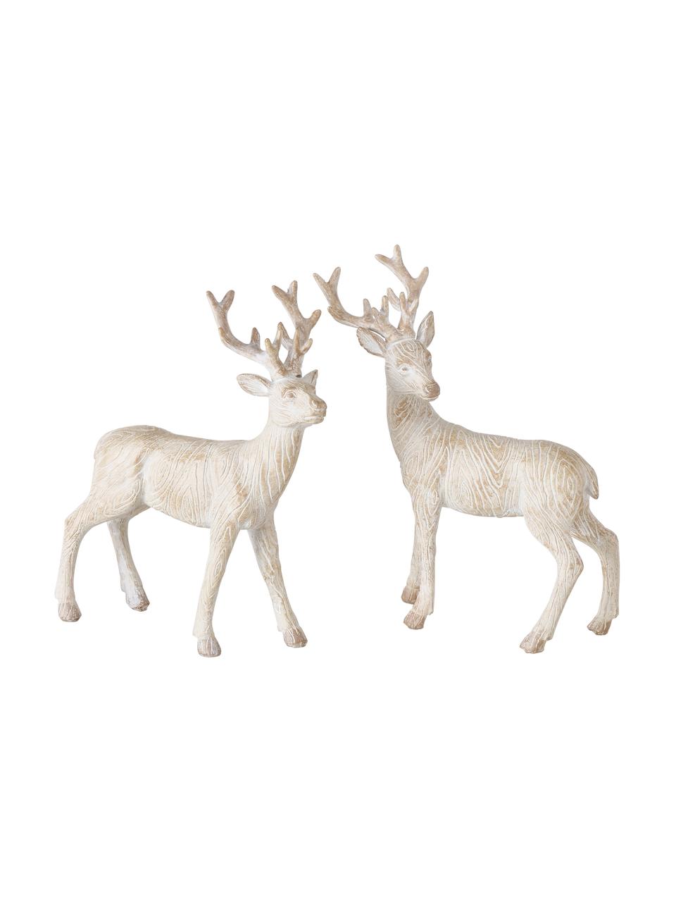 Figuras decorativas ciervos artesanales Karimo, 2 uds., Resina, Beige, blanco, An 14 x Al 16 cm