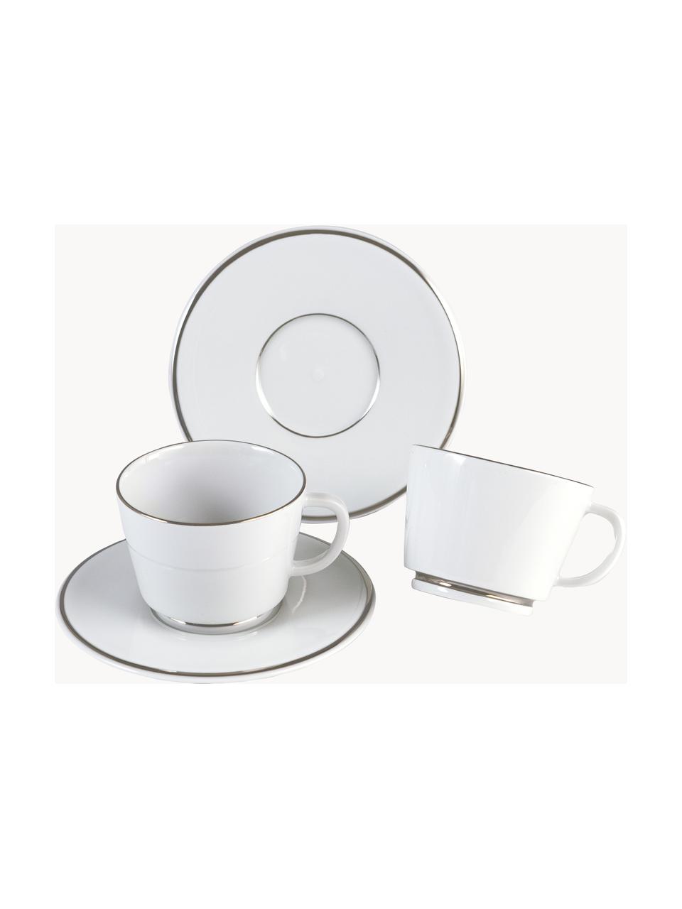 Ručne vyrobené porcelánové šálky na espresso s podšálkami a s ručne maľovaným platinovým okrajom Vitruv, 2 ks, Porcelán, Biela s platinovým okrajom, Ø 7 x V 6 cm, 100 ml