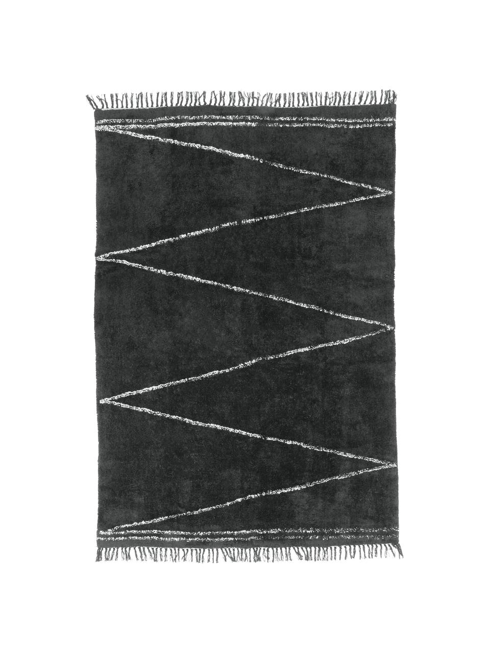Handgetufteter Baumwollteppich Asisa mit Zickzack-Muster und Fransen, Anthrazit, B 200 x L 300 cm (Größe L)