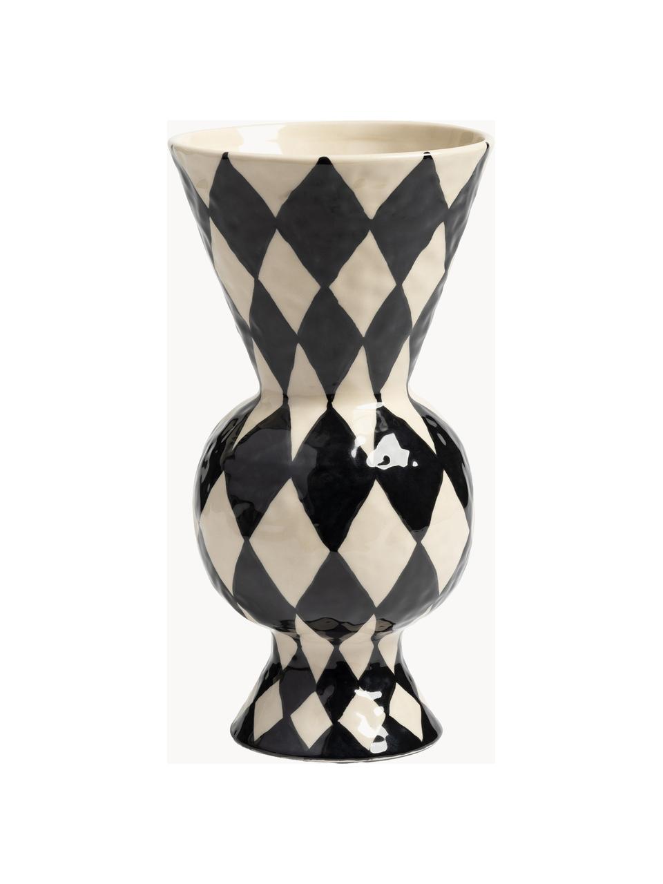 Handbemalte Vase Rhombic, H 30 cm, Steingut, Schwarz, Off White, Ø 16 x H 30 cm