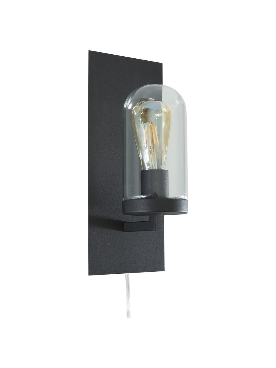 Wandlamp James met stekker, Lampenkap: glas, Frame: Gelakt messing, Zwart, 15 x 35 cm