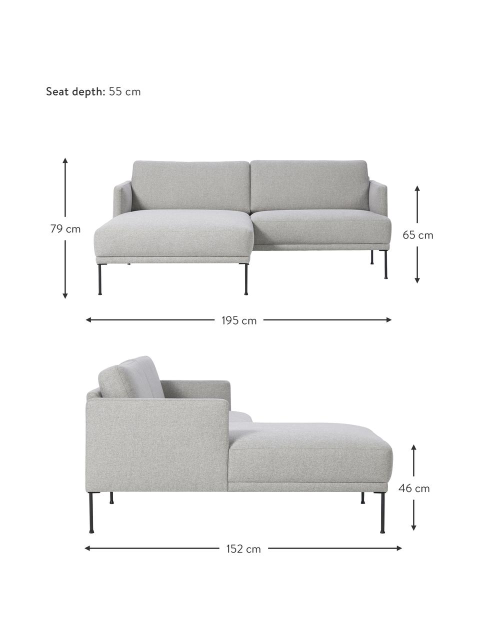 Petit canapé d'angle avec pieds en métal Fluente, Tissu gris clair, larg. 198 x prof. 152 cm, méridienne à droite