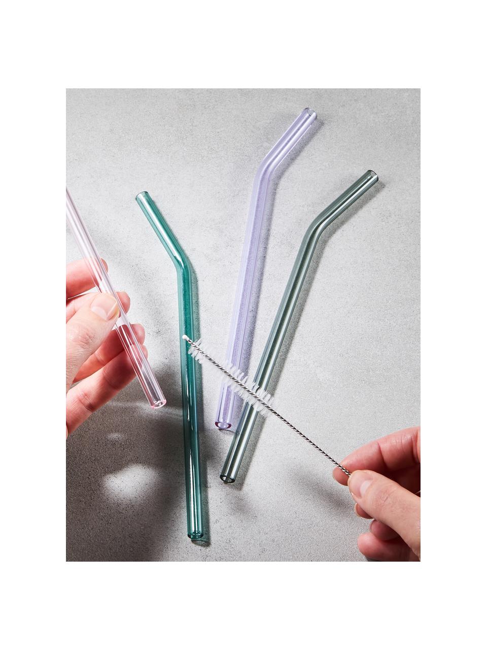 Glazen rietjesset Long Drink met borstel, 5-delig, Borosilicaatglas, Roze, lila, turquoise, zilverkleurig, L 24 cm
