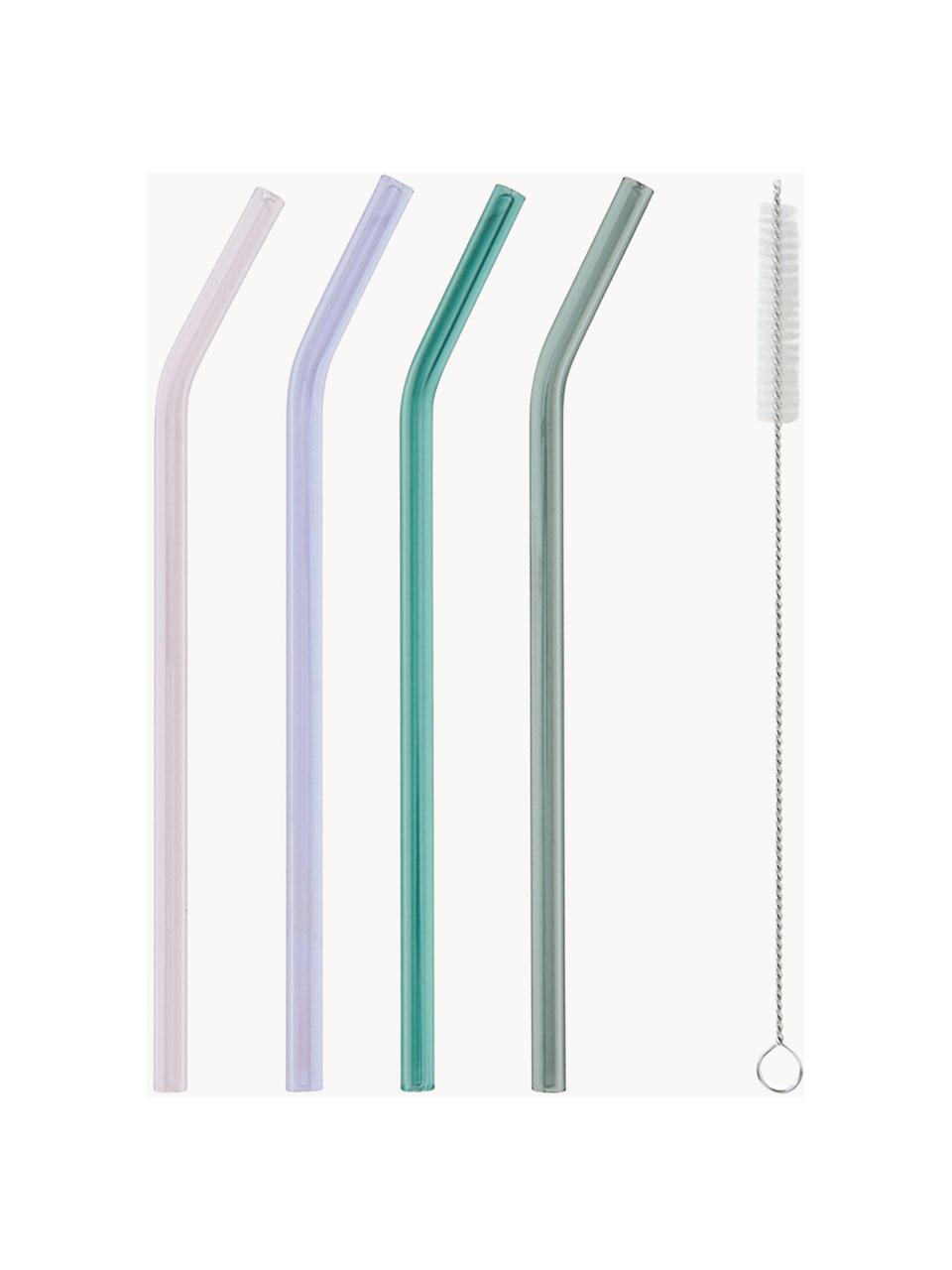 Set de pajitas de vidrio Long Drink, 4 uds., con cepillo, Vidrio de borosilicato, Rosa, lila, turquesa, plateado, L 24 cm