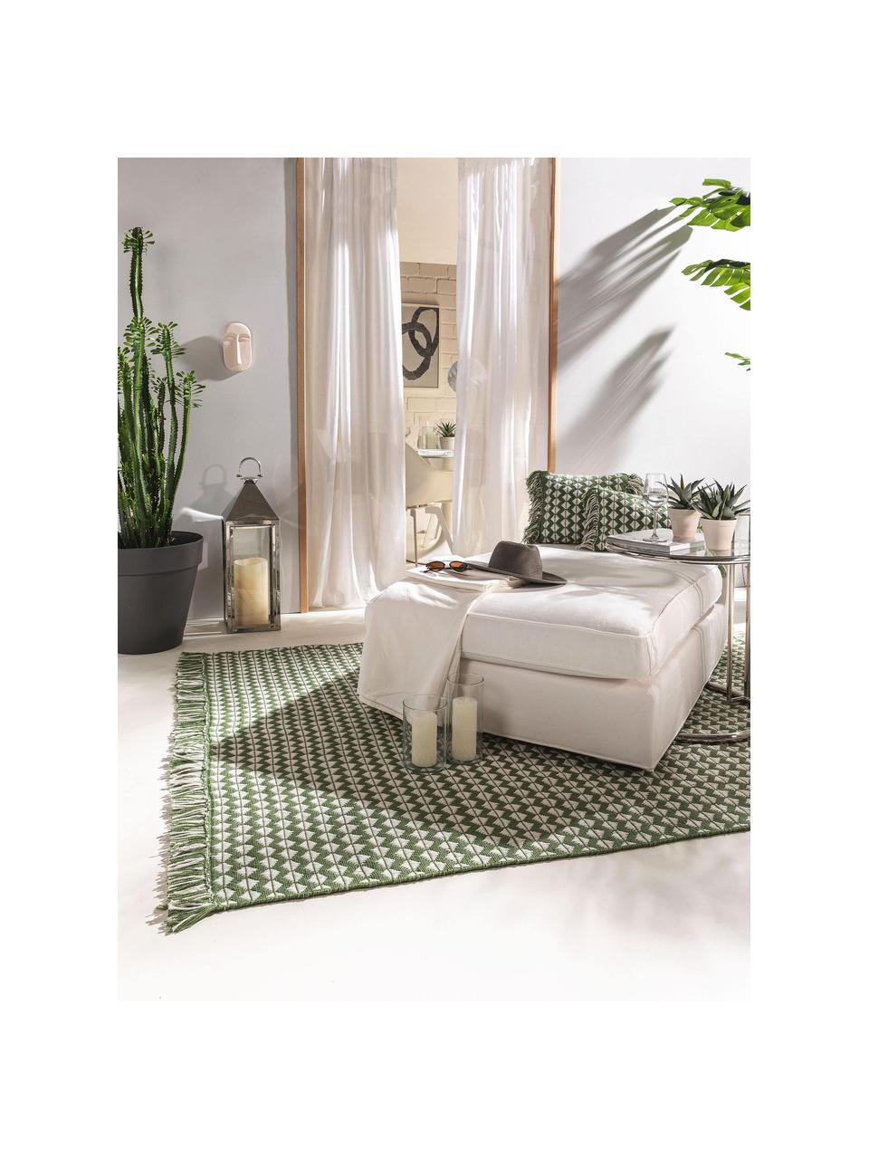 Tapis d'extérieur à franges Morty, 100 % polyester (PET recyclé), Vert foncé, blanc cassé, larg. 80 x long. 150 cm (taille XS)