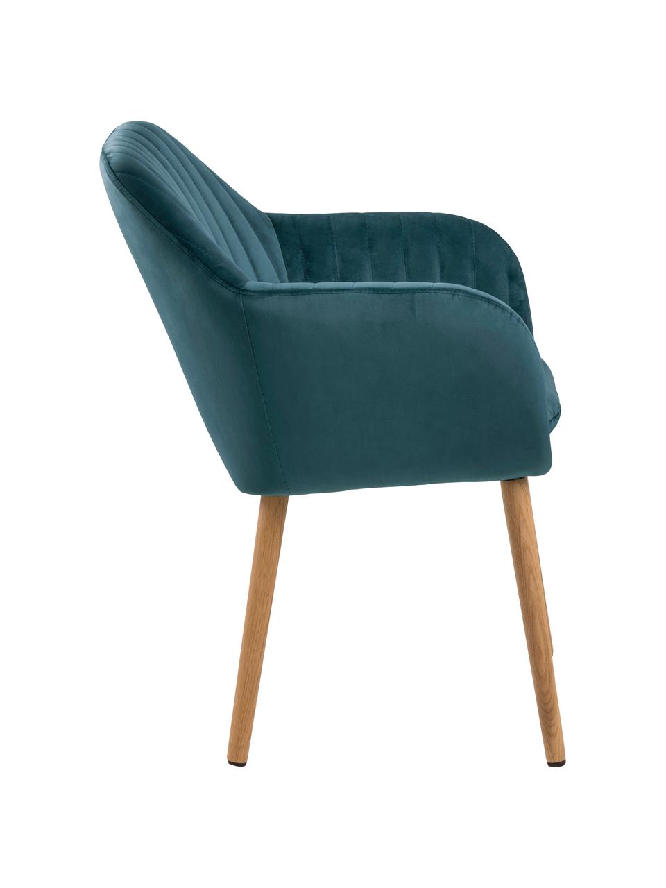 Sametová židle s područkami a dřevěnými nohami Emilia, Modrá, dubové dřevo, Š 57 cm, H 59 cm