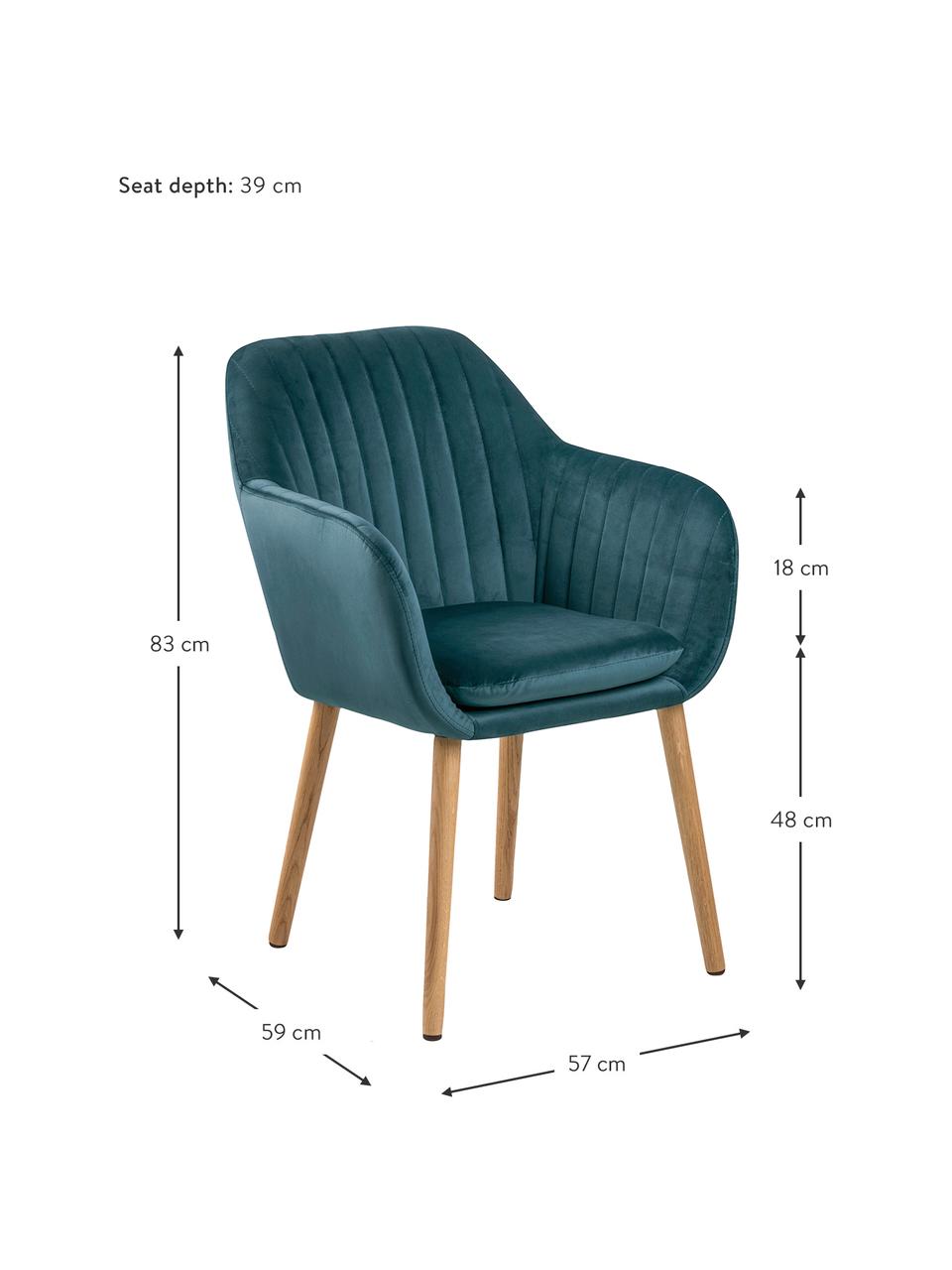 Samt-Armlehnstuhl Emilia in Blau mit Holzbeinen, Bezug: Polyestersamt Der hochwer, Beine: Eichenholz, ölbehandelt, Samt Blau, Beine Eiche, B 57 x T 59 cm