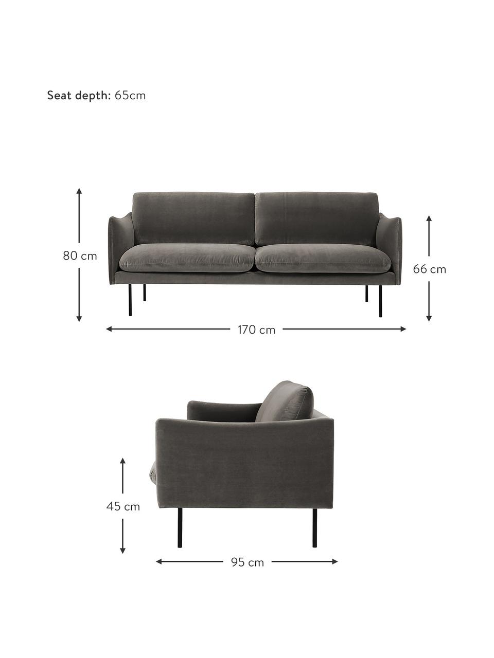 Divano 2 posti in velluto con piedini in metallo Moby, Rivestimento: velluto (rivestimento in , Struttura: legno di pino massiccio, , Piedini: metallo verniciato a polv, Velluto grigio marrone, Larg. 170 x Prof. 95 cm