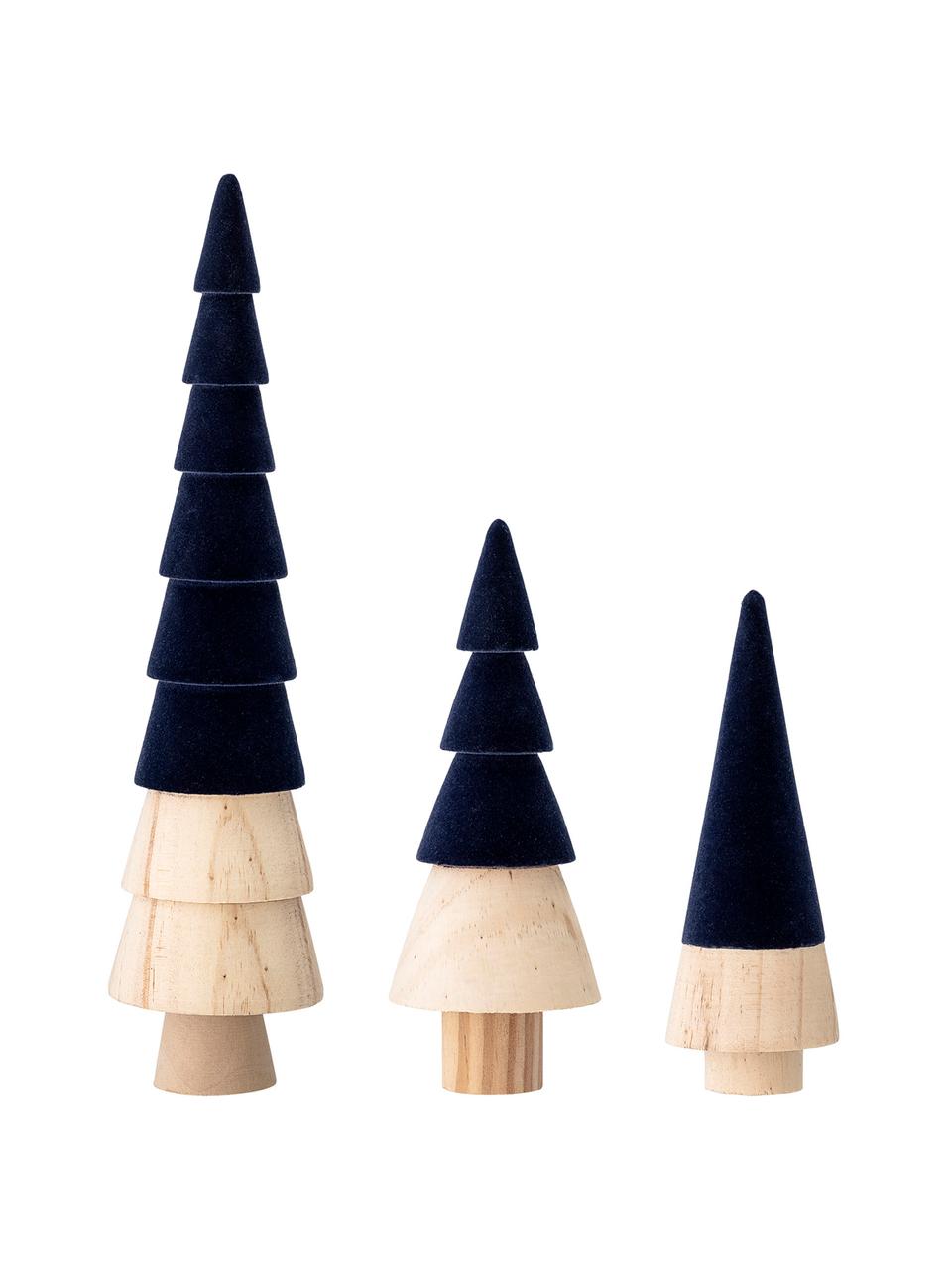 Samt-Deko-Bäume-Set Thace, 3 Stück, Holz, Polyestersamt, Dunkelblau, Holz, Set mit verschiedenen Größen