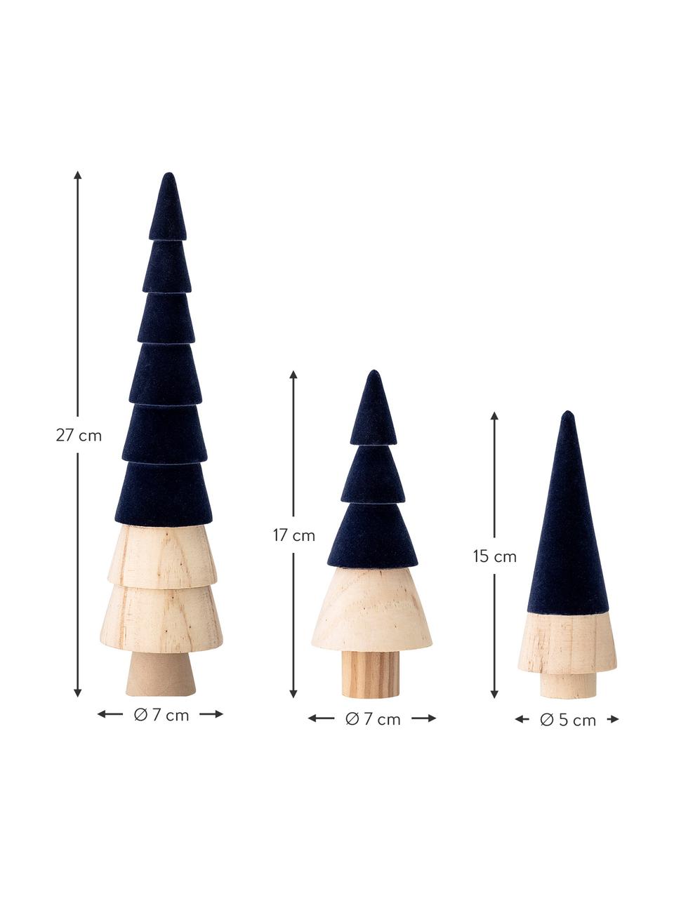 Decoratieve fluwelen boompjesset Thace, 3-delig, Hout, polyester fluweel, Licht hout, donkerblauw, Set met verschillende formaten