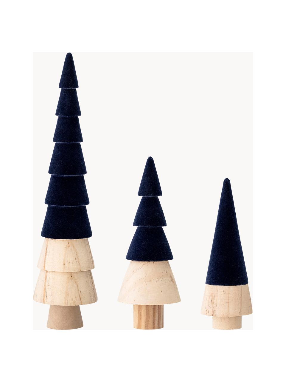 Samt-Deko-Bäume-Set Thace, 3er-Set, Holz, Polyestersamt, Dunkelblau, Holz, Set mit verschiedenen Größen