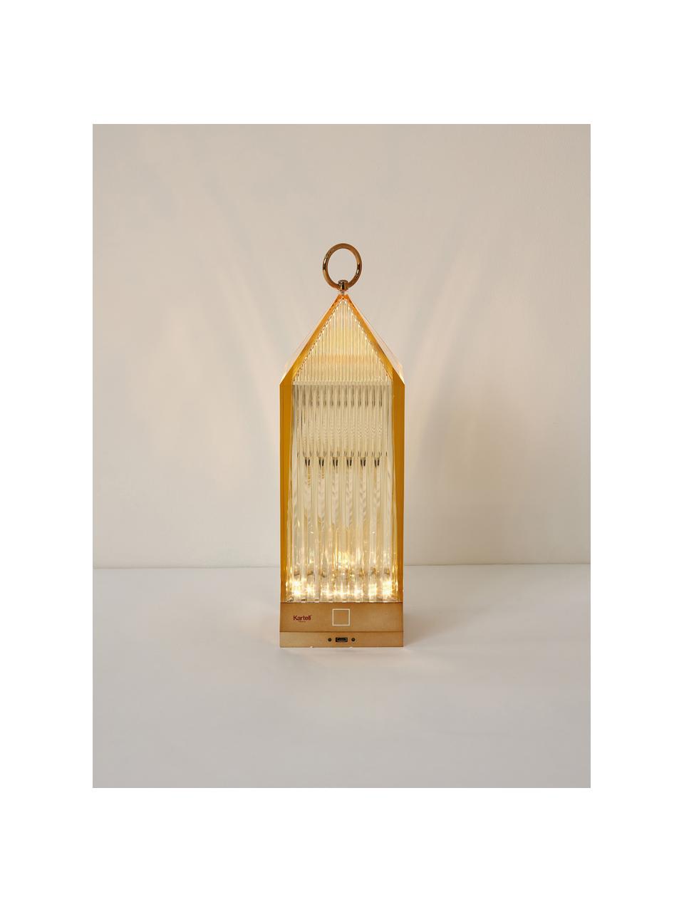 Lampada da tavolo portatile da esterno con stazione di ricarica Lantern, luce regolabile, Plastica, Dorato, Larg. 10 x Alt. 31 cm