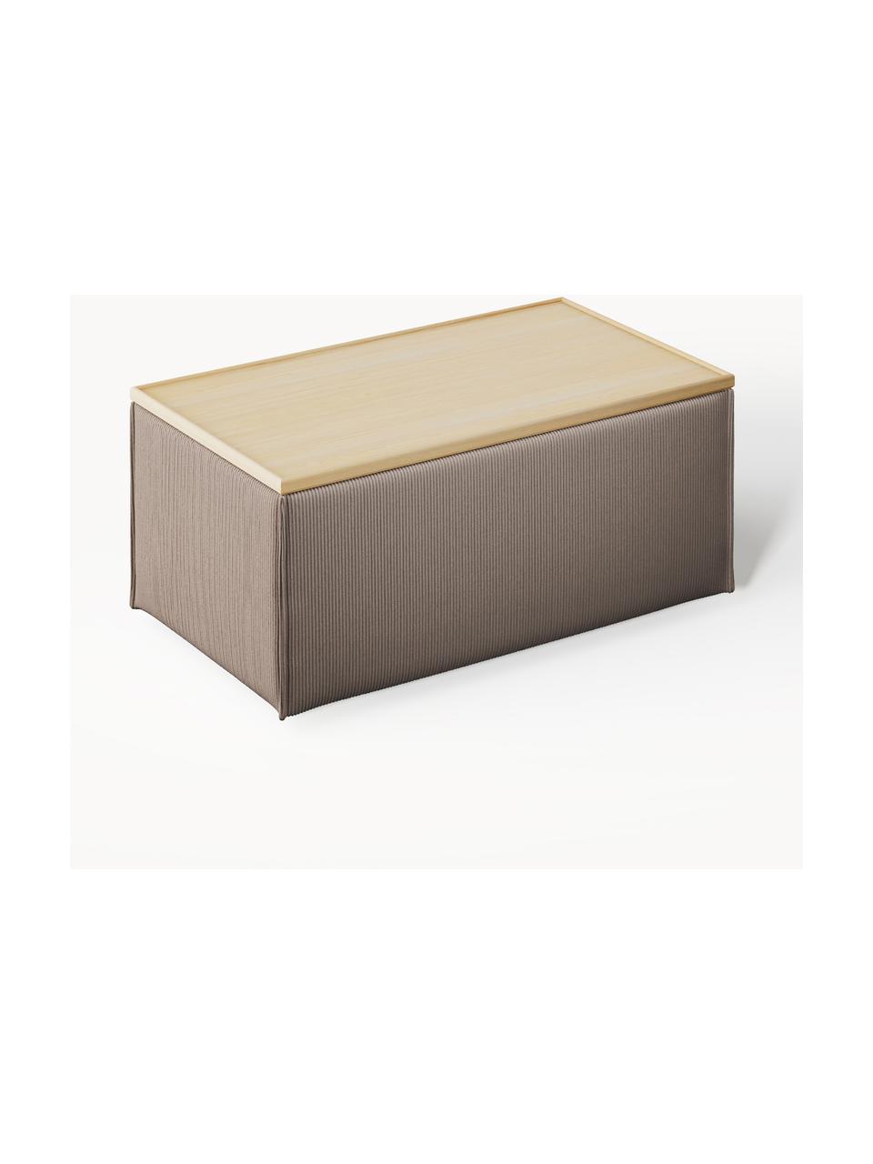 Sofa-Hocker Lennon aus Cord mit Stauraum, Bezug: Cord (92 % Polyester, 8 %, Tablett: Eichenholz, Spannplatte m, Gestell: Spanplatte, mitteldichte , Cord Taupe, helles Eichenholz, B 88 x T 50 cm