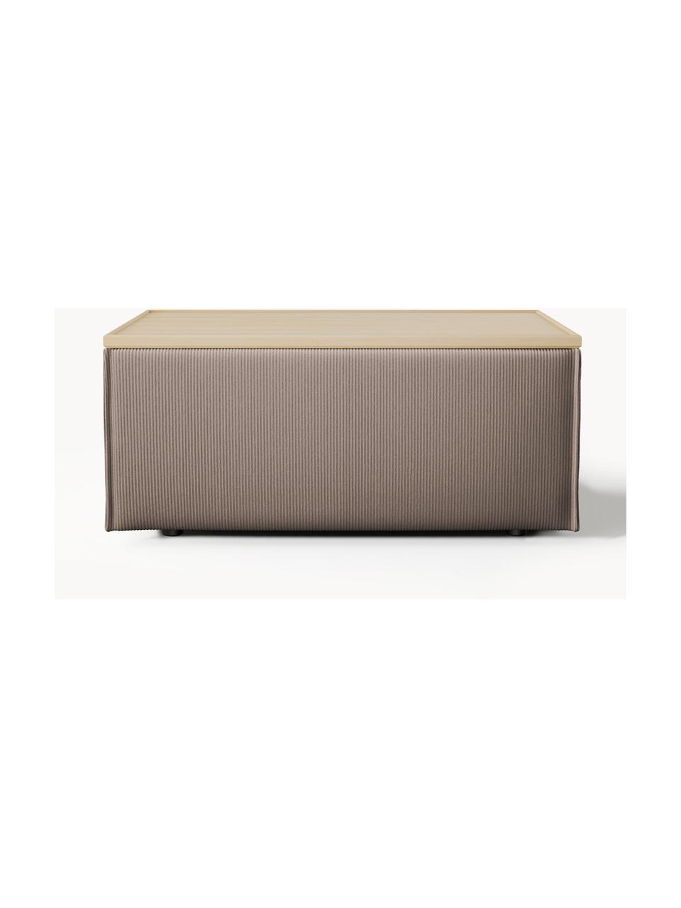 Sofa-Hocker Lennon aus Cord mit Stauraum, Bezug: Cord (92 % Polyester, 8 %, Tablett: Eichenholz, Spannplatte m, Gestell: Spanplatte, mitteldichte , Cord Taupe, helles Eichenholz, B 88 x T 50 cm