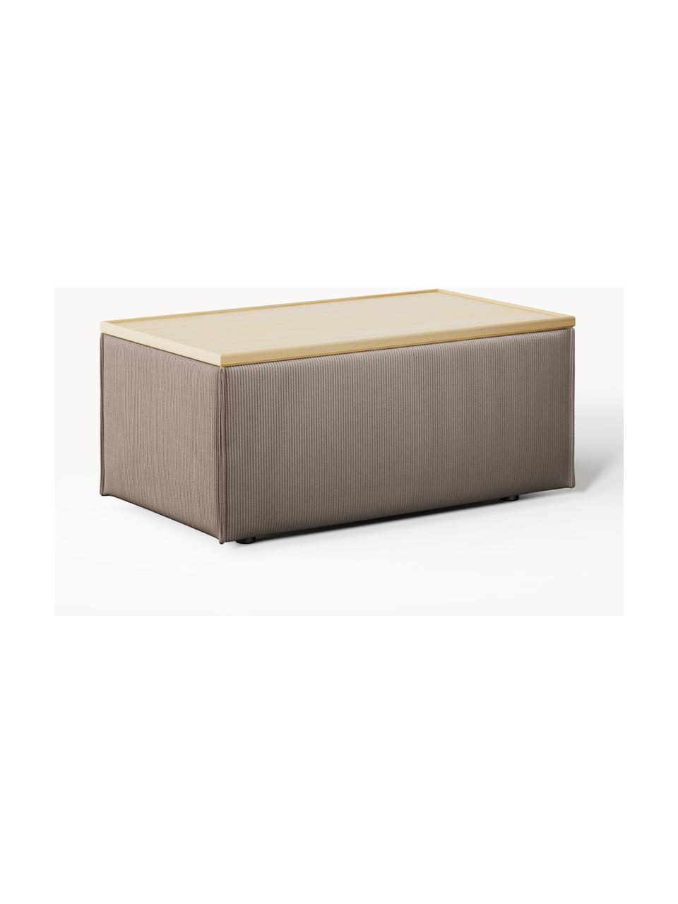 Sofa-Hocker Lennon aus Cord mit Stauraum, Bezug: Cord (92 % Polyester, 8 %, Tablett: Eichenholz, Spannplatte m, Gestell: Spanplatte, mitteldichte , Cord Taupe, helles Eichenholz, B 88 x T 50 cm