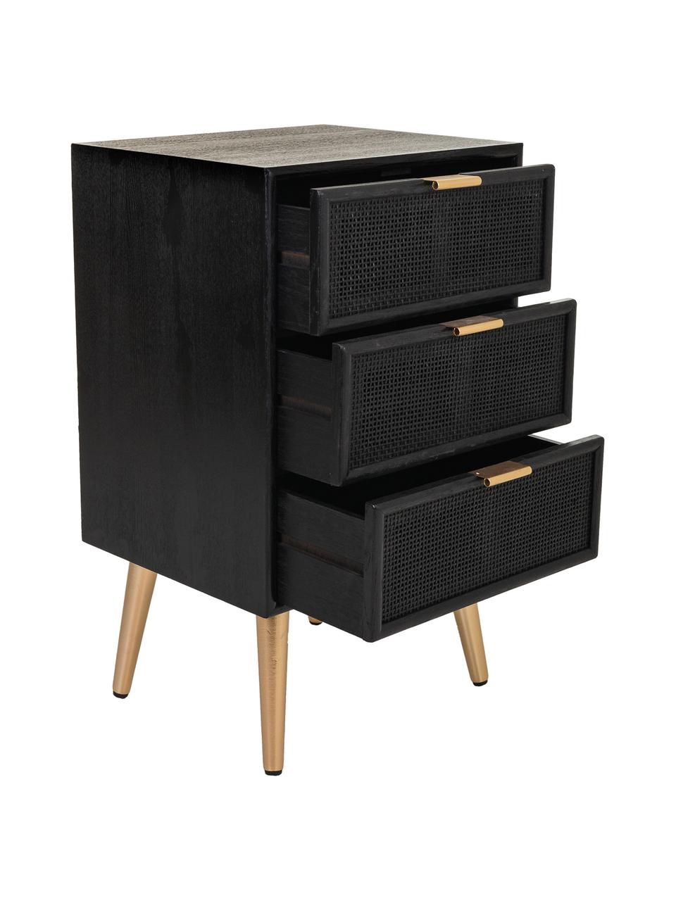 Szafka nocna z drewna Cayetana Shelfy, Korpus: płyta pilśniowa średniej , Nogi: drewno bambusowe, lakiero, Drewno naturalne lakierowane na czarno, odcienie złotego, S 42 x W 71 cm