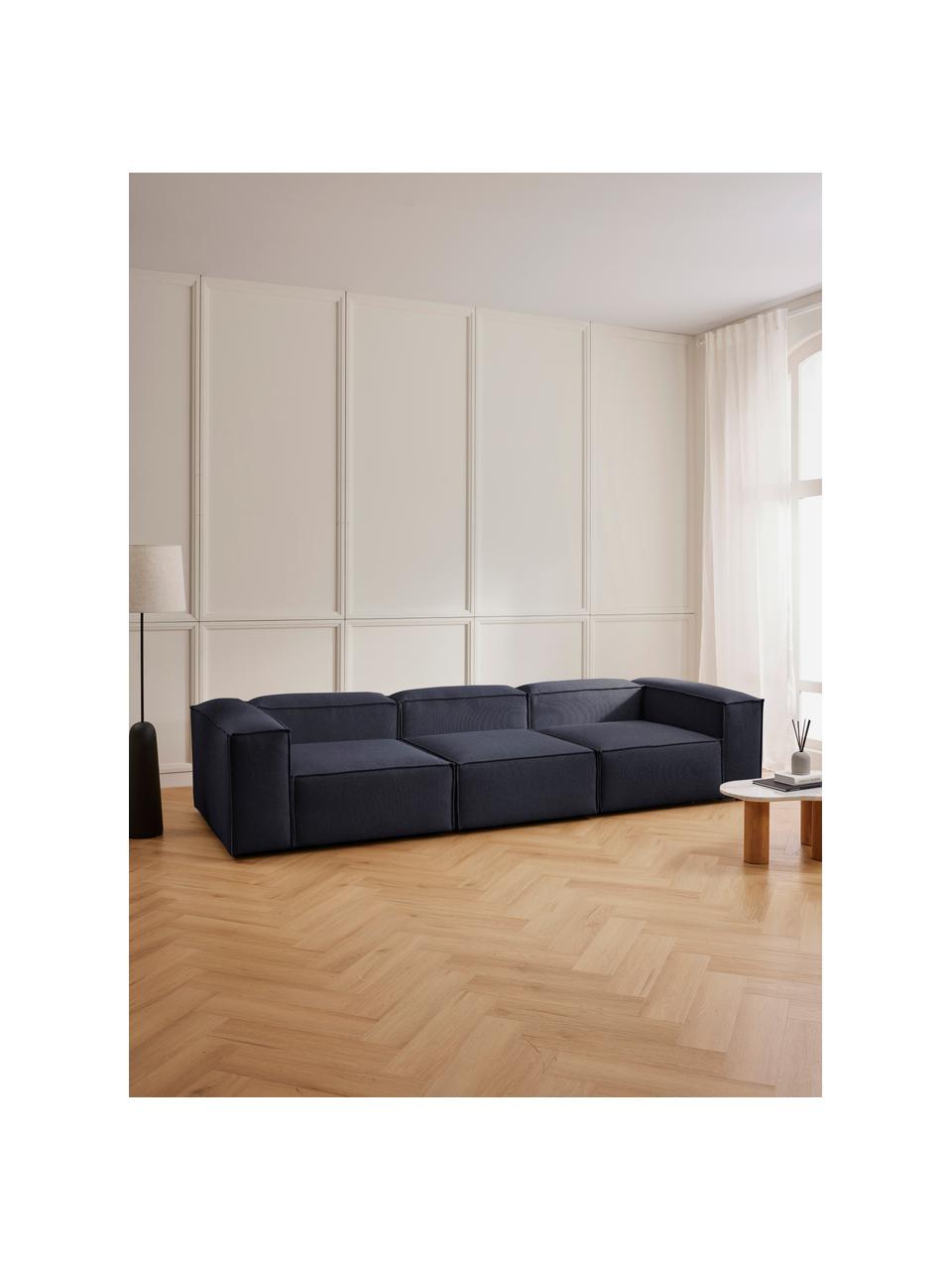 Modulares Sofa Lennon (4-Sitzer), Bezug: 100% Polyester Der strapa, Gestell: Massives Kiefernholz, FSC, Füße: Kunststoff, Webstoff Dunkelblau, B 327 x T 119 cm