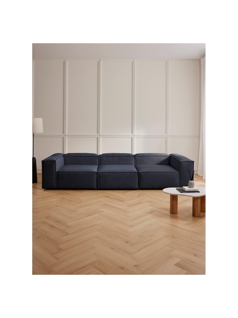 Sofa modułowa Lennon (4-osobowa), Tapicerka: 100% poliester Dzięki tka, Stelaż: lite drewno sosnowe, cert, Nogi: tworzywo sztuczne, Ciemnoniebieska tkanina, S 327 x G 119 cm