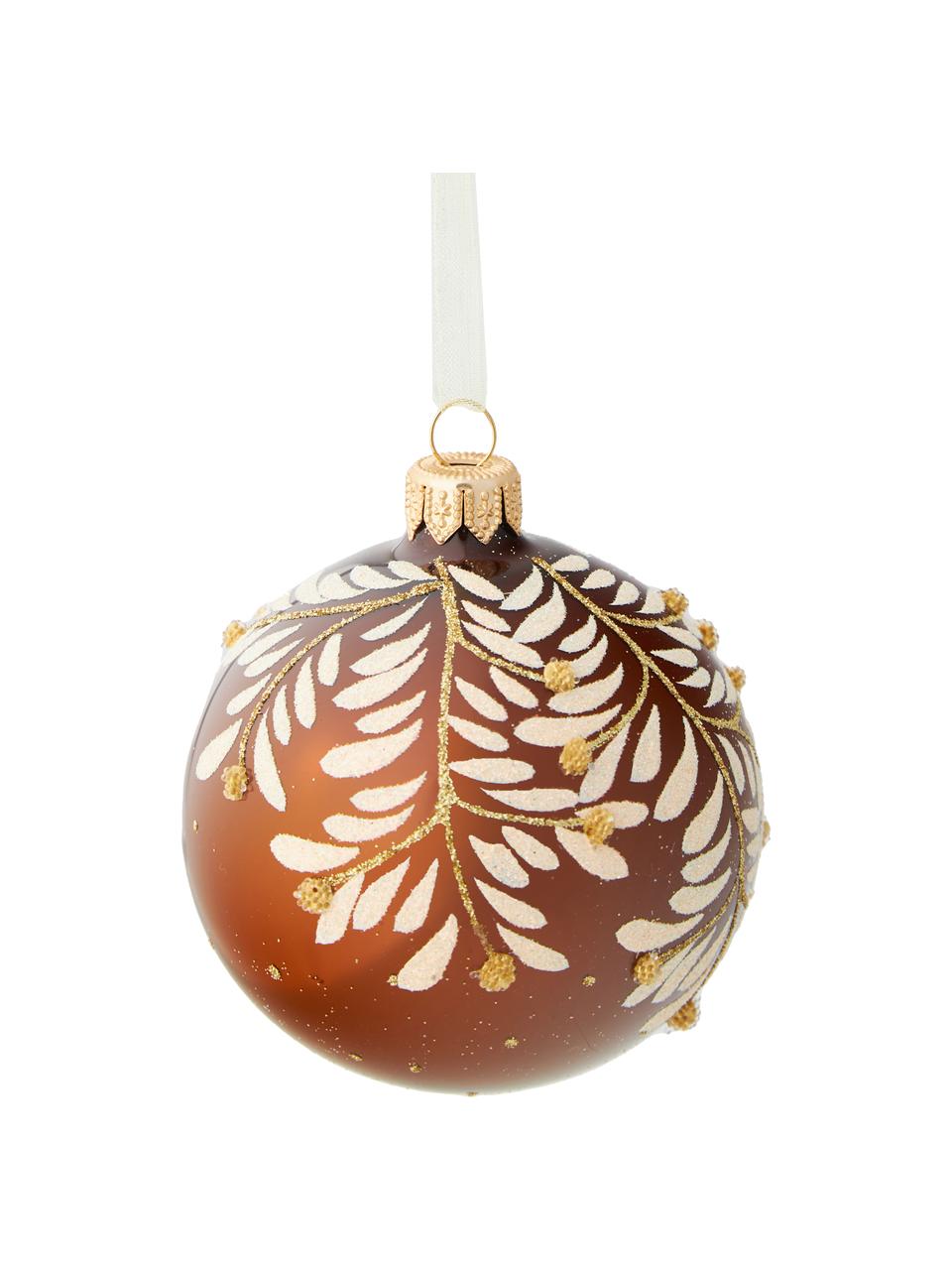 Bolas de Navidad sopladas artesanalmente Leaf, 6 uds., Vidrio, Marrón claro, dorado, Ø 8 cm