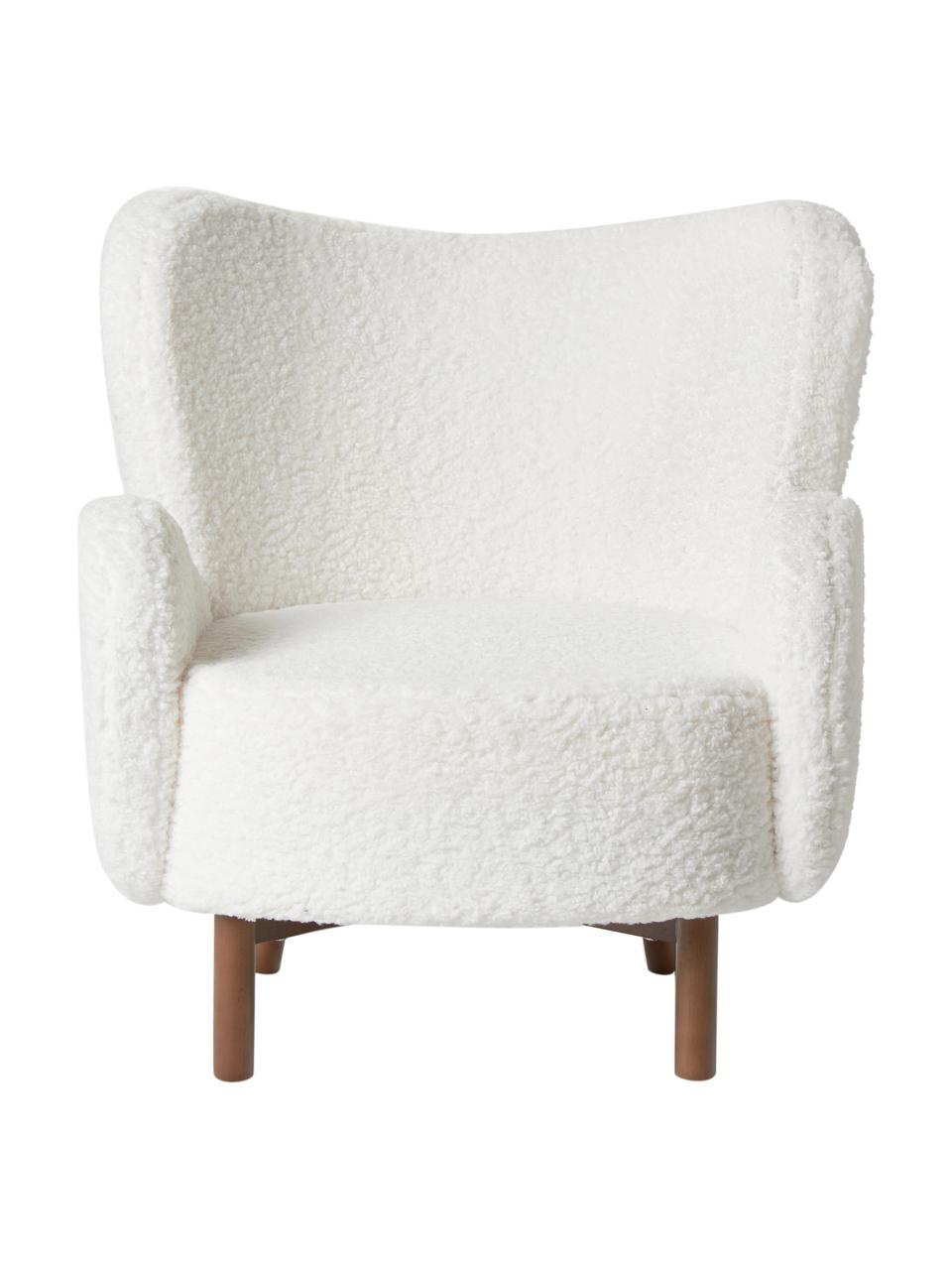 Fauteuil à oreilles en tissu peluche Kalia, Tissu peluche blanc, bois de hêtre foncé, larg. 78 x prof. 80 cm