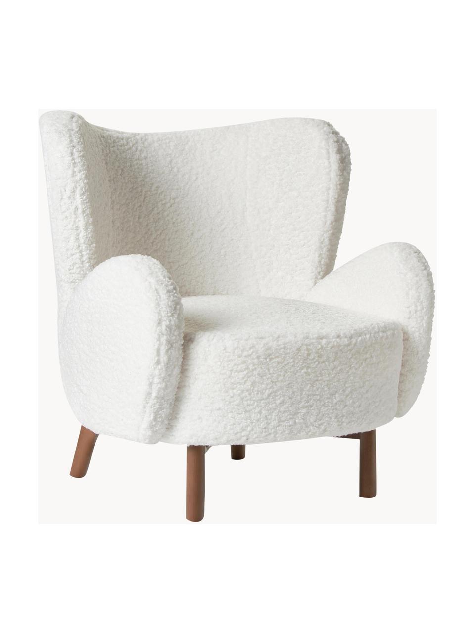 Fauteuil à oreilles en tissu peluche Kalia, Tissu peluche blanc, bois de hêtre foncé, larg. 78 x prof. 80 cm