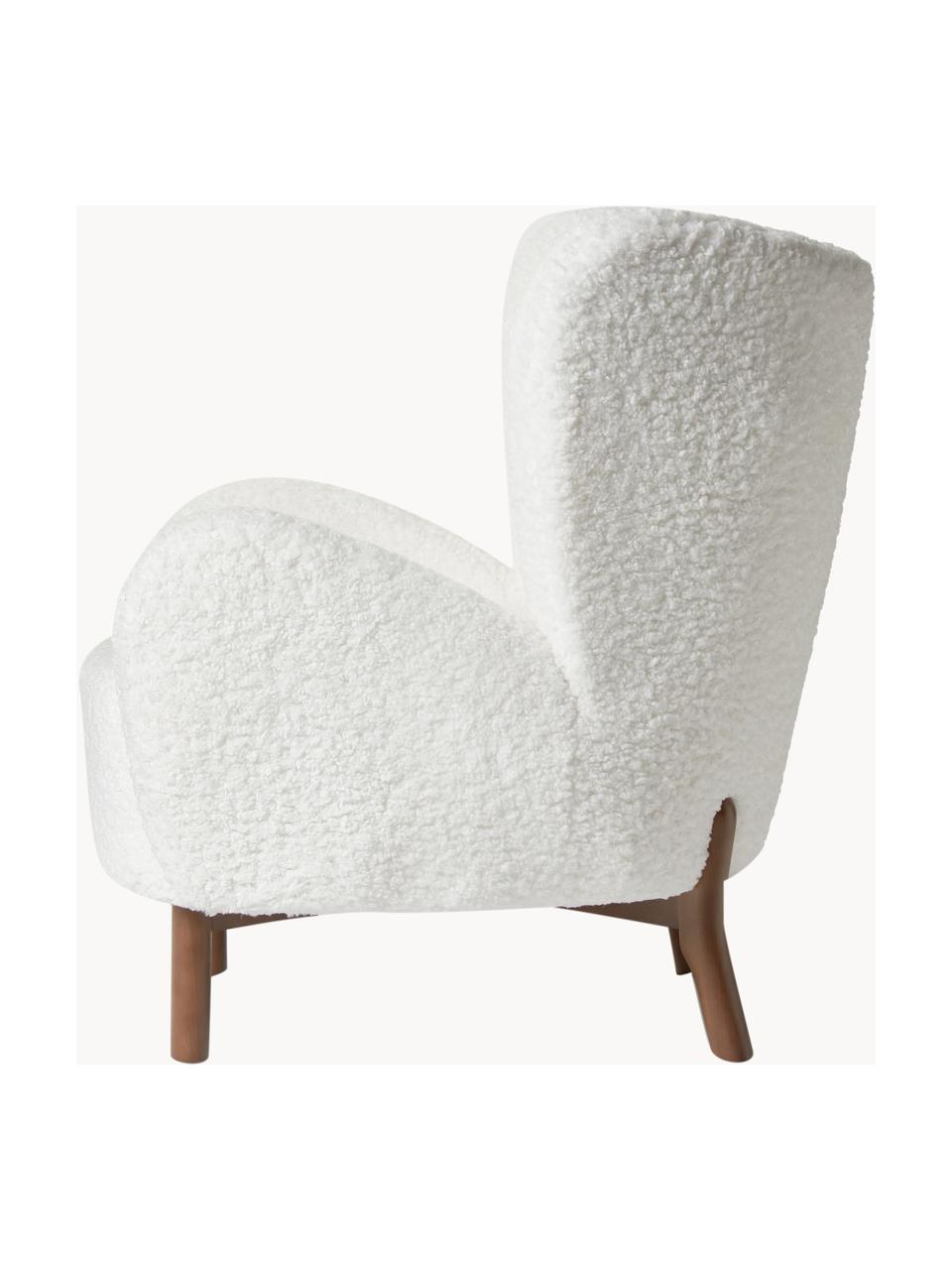 Fauteuil à oreilles en tissu peluche Kalia, Tissu peluche blanc, bois de hêtre foncé, larg. 78 x prof. 80 cm