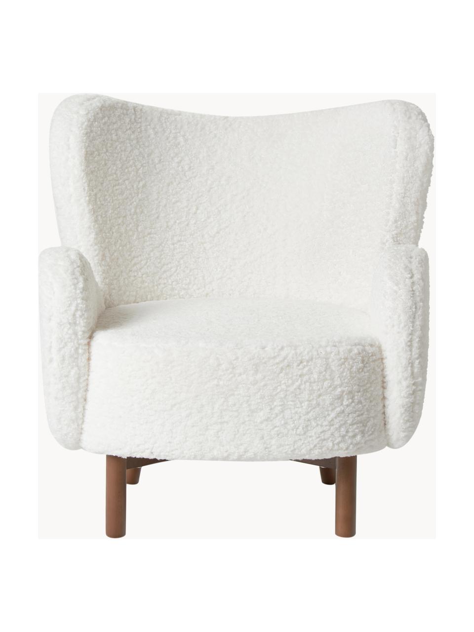 Fauteuil à oreilles en tissu peluche Kalia, Tissu peluche blanc, bois de hêtre foncé, larg. 78 x prof. 80 cm