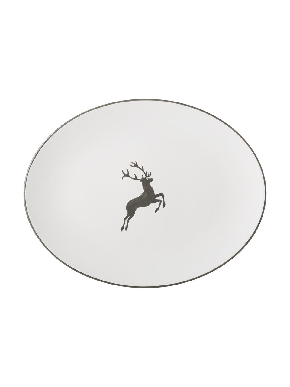 Plat de service artisanal Cerf Gris, Céramique, Blanc, gris, larg. 21 x long. 28 cm