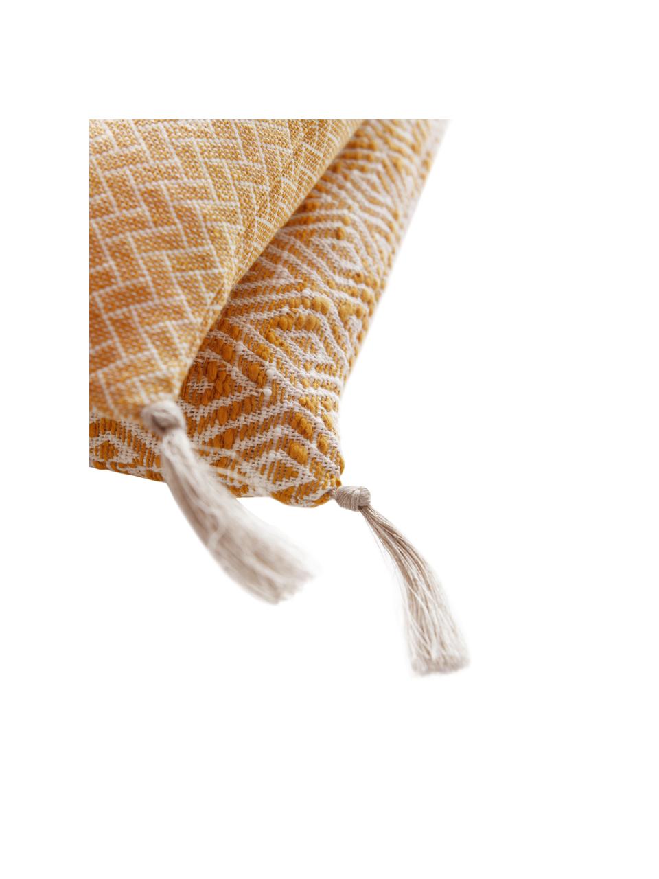 Set de fundas de cojines con borlas Fancy, 2 pzas., 100% algodón, Amarillo, blanco crudo, An 45 x L 45 cm