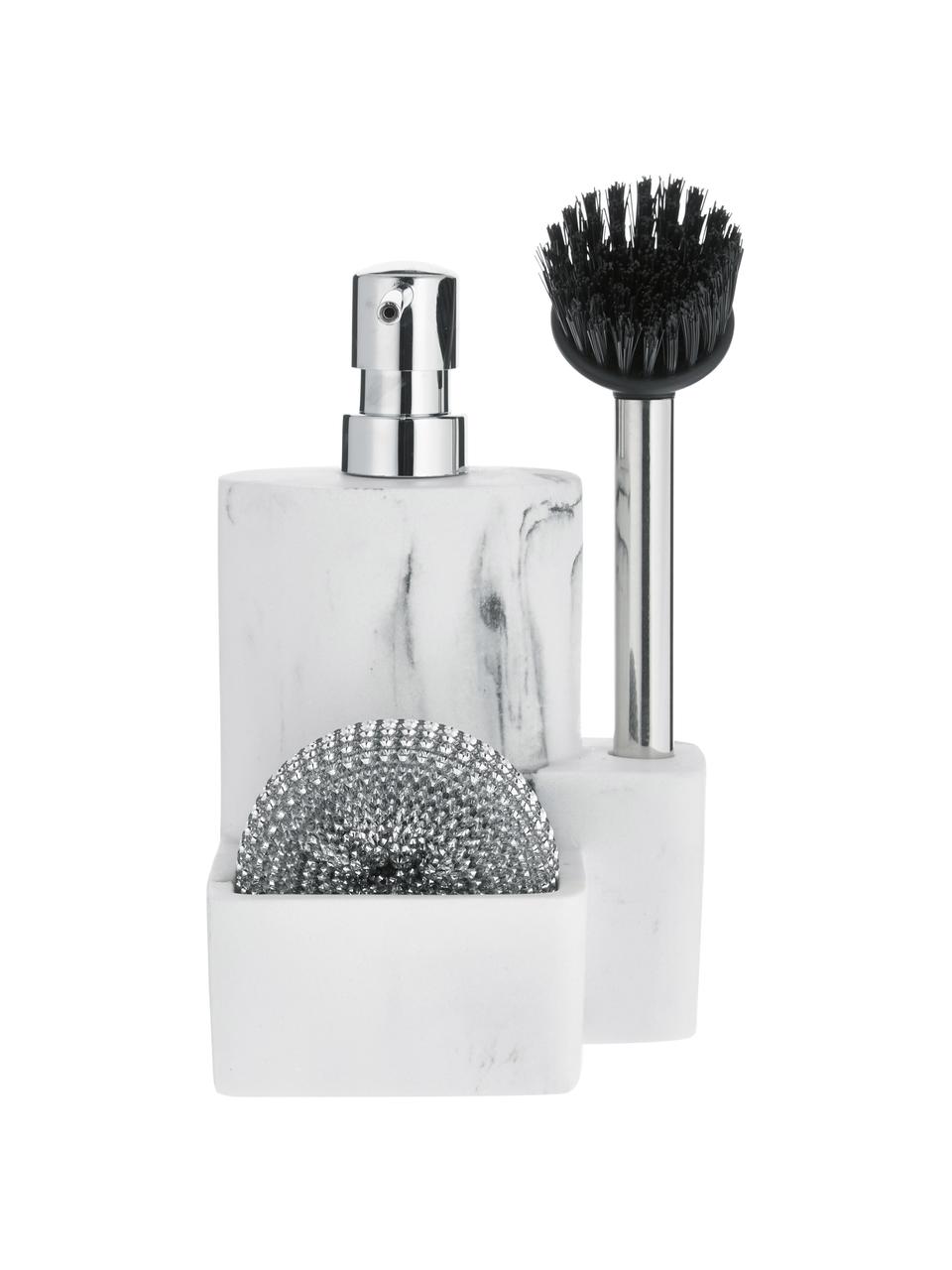Súprava dávkovača na mydlo Galia, 3 diely, Biela, mramorovaná, odtiene striebornej, Š 24 x V 12 cm