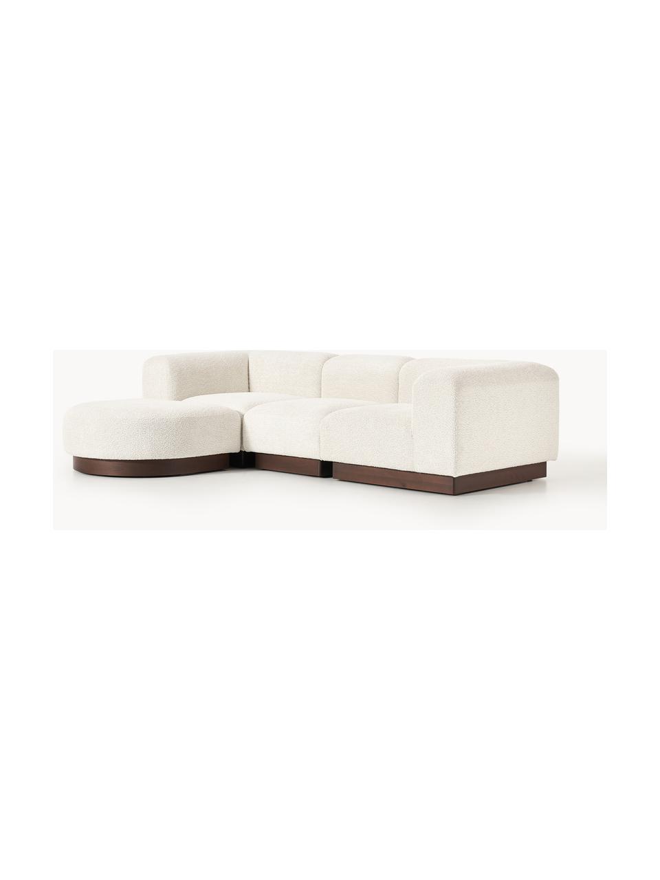 Modulares Sofa Natalie (3-Sitzer) aus Teddy-Bouclé mit Hocker, Bezug: Teddy-Bouclé (100 % Polye, Gestell: mitteldichte Holzfaserpla, Sockel: Massives Buchenholz, lack, Teddy-Bouclé Off White, dunkles Buchenholz, B 283 x T 197 cm