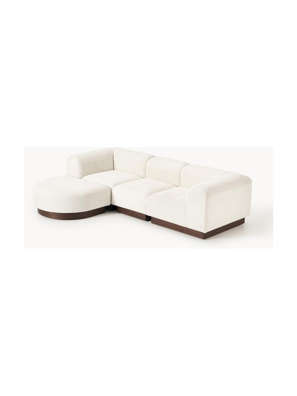 Modulares Sofa Natalie (3-Sitzer) aus Teddy-Bouclé mit Hocker, Bezug: Teddy-Bouclé (100 % Polye, Gestell: mitteldichte Holzfaserpla, Sockel: Massives Buchenholz, lack, Teddy-Bouclé Off White, dunkles Buchenholz, B 283 x T 197 cm