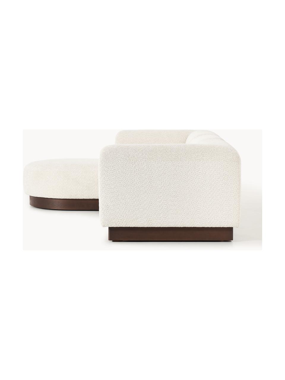 Modulares Sofa Natalie (3-Sitzer) aus Teddy-Bouclé mit Hocker, Bezug: Teddy-Bouclé (100 % Polye, Gestell: mitteldichte Holzfaserpla, Sockel: Massives Buchenholz, lack, Teddy-Bouclé Off White, dunkles Buchenholz, B 283 x T 197 cm