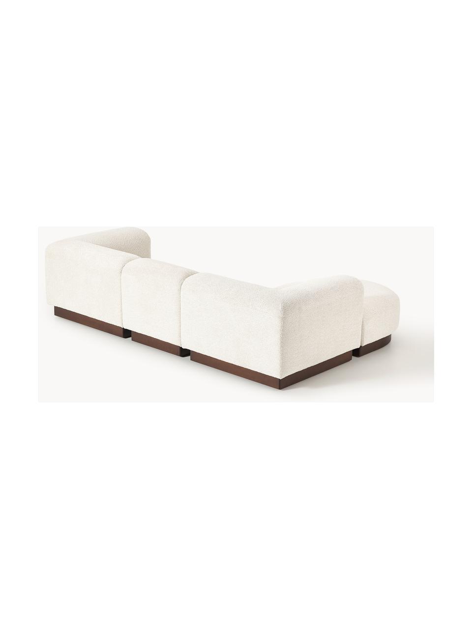 Modulares Sofa Natalie (3-Sitzer) aus Teddy-Bouclé mit Hocker, Bezug: Teddy-Bouclé (100 % Polye, Gestell: mitteldichte Holzfaserpla, Sockel: Massives Buchenholz, lack, Teddy-Bouclé Off White, dunkles Buchenholz, B 283 x T 197 cm