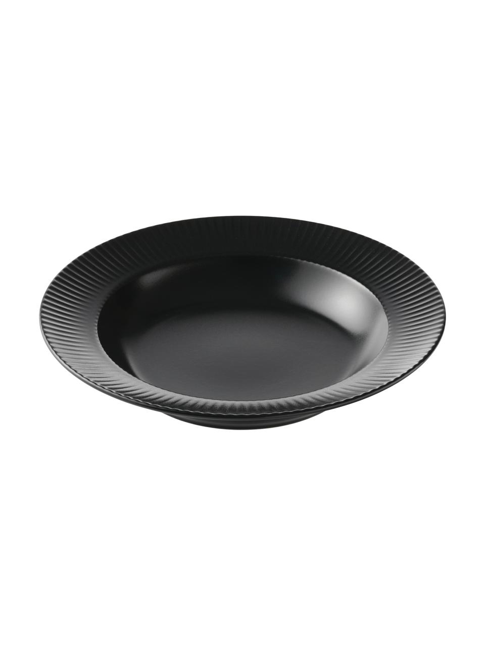 Schwarze Suppenteller Groove mit Rillenstruktur, 4 Stück, Steingut, Schwarz, Ø 23 x H 4 cm