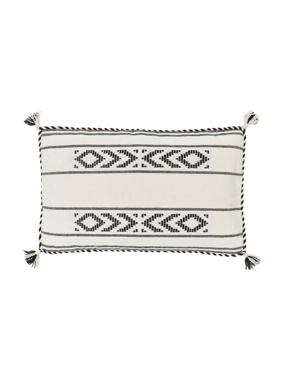 Funda de cojín de algodón con borlas Okiro, 100% algodón, Beige, negro, An 30 x L 50 cm