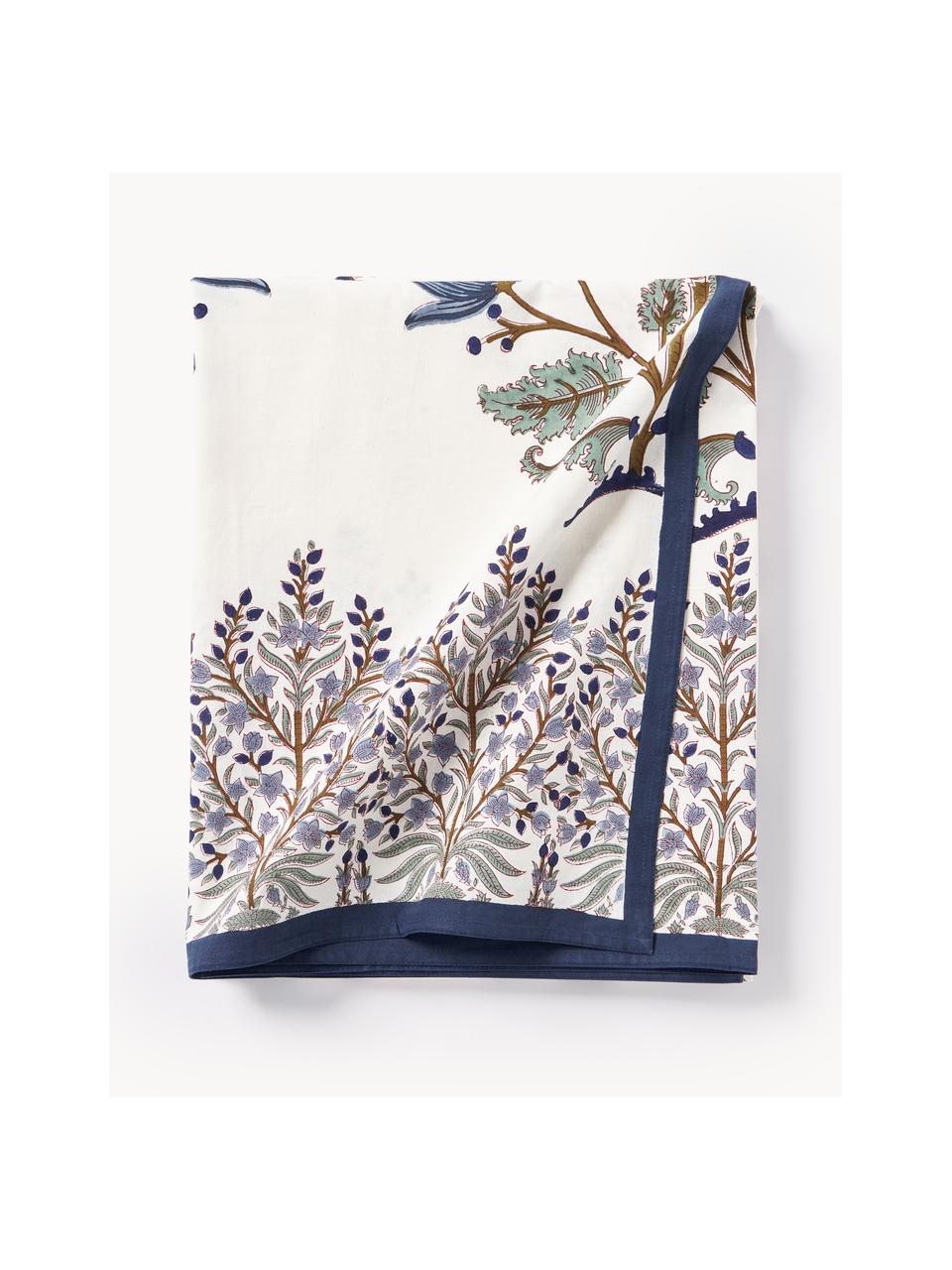 Mantel de algodón estampado floral Flora, 100% algodón, Azul oscuro, marrón, verde oliva, Off White, De 8 a 10 comensales (An 170 x L 300 cm)